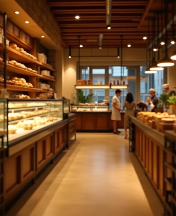 The warm and inviting interior of Merlion Finch Bakery with a view of the baking counter.