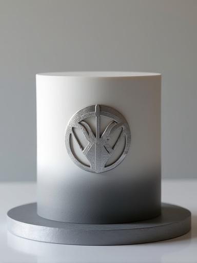 A modern, sleek corporate event cake featuring a company logo in edible silver leaf.