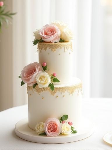 An elegant three-tiered wedding cake with fresh flowers and delicate gold accents.